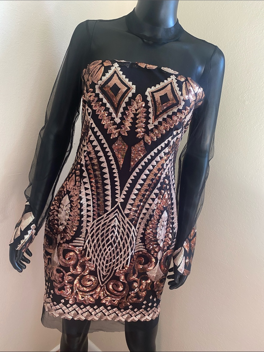 ✨ Fashion Nova Black & Rose Gold Sequin Mesh Sleeve Glam Party Dress